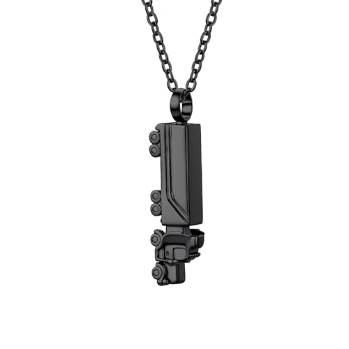 18 Wheeler Semi Truck Urn Necklace for Ashes Stainless Steel Cremation Memorial Pendant Trucker Keepsake Gift for Men Women - color: Black
