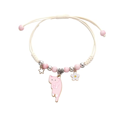 Fuqimanman2020 Cute Cat Bracelet Kawaii Kitten String Rope Chain Braided Bracelet with Flower - Adjustable Cat Lover Jewelry - color: pink