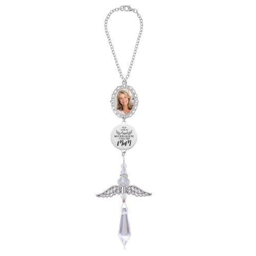 Mom Memorial Car Charm with Photo Frame, Crystal Angel Suncatcher Rearview Mirror Hanging Ornament, Sympathy Bereavement Gifts for Loss of Mom, in Loving Memory Gift - color: Mom