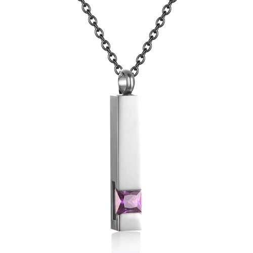 Urn Necklaces for Ashes Stainless Steel Bar Pendant Necklace Cube Memorial Ashes Necklace Crystal Cremation Urn Pendant for Men - color: Silver-purple
