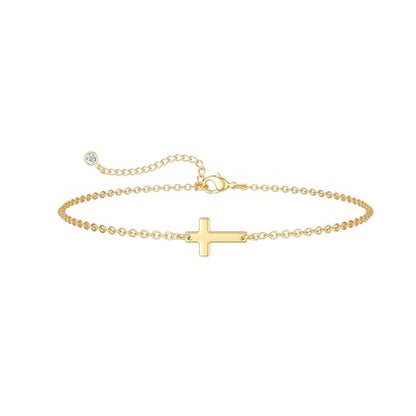 Moodear Cross Bracelet for Women, Dainty Sterling Silver/Gold Plated Gift | Christian Religious Gifts for Teen, Stocking Stuffers, Adjustable Link Bracelets, Sparkling CZ Cross, Non Tarnish Jewelry - color: Gold Cross Bracelet