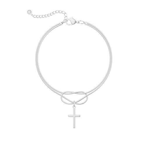 Moodear Cross Bracelet for Women, Dainty Sterling Silver/Gold Plated Gift | Christian Religious Gifts for Teen, Stocking Stuffers, Adjustable Link Bracelets, Sparkling CZ Cross, Non Tarnish Jewelry - color: Snake Silver Knot Cross Bracelet