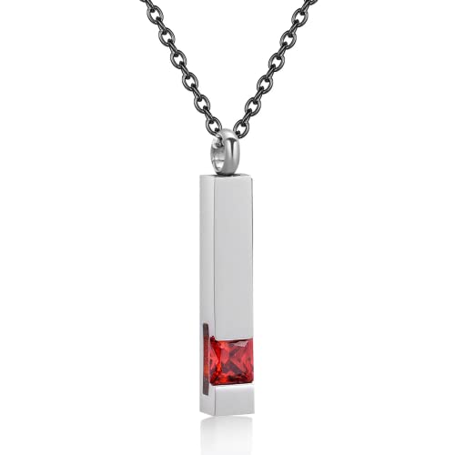 Urn Necklaces for Ashes Stainless Steel Bar Pendant Necklace Cube Memorial Ashes Necklace Crystal Cremation Urn Pendant for Men - color: Silver-red