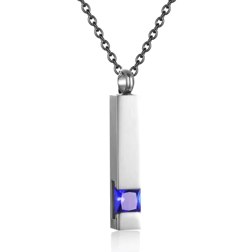 Urn Necklaces for Ashes Stainless Steel Bar Pendant Necklace Cube Memorial Ashes Necklace Crystal Cremation Urn Pendant for Men - color: Silver-navy bule