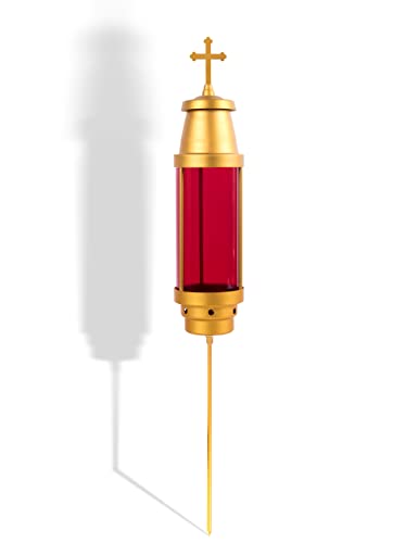Cemetery Candle Holder, Greek Orthodox Cross Grave Lantern, Red | Anodized aluminum frame, weatherproof red globe, eternal vigil light, memorial & bereavement gift