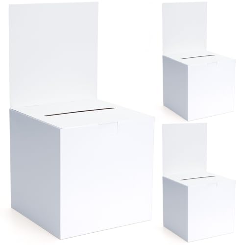 3 Pcs Cardboard Ballot Box, Cardboard Donation Suggestion Box with Slot | 5.9 x 5.9 x 11.8 Inch; White Glossy Raffle Boxes with Removable Header; For Fundraising Collecting Card Voting Contest