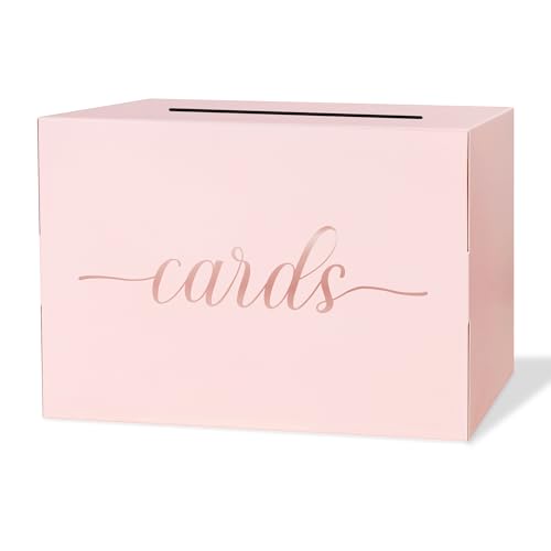 Mulbozy Pink Wedding Card Box, Pink Gift Card Holder with Rose Gold Foil | Design for Wedding Reception Decorations, Baby & Bridal Shower, Party, Birthdy, Graduations, Sturdy and Easy to Assemble - color: Pink(Rose Gold)