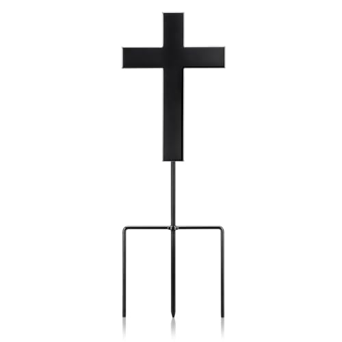 16 Inch Cross American Veteran Grave Marker, American Flag Holder | Metal Black Cross with Ground Stake, American Flag Hole Ready, Patriotic Graveside Tribute, 4th of July Memorial Display - style: Cross