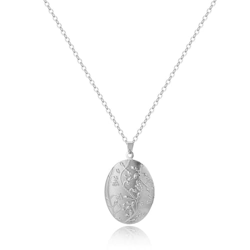 Caiyao Vintage Engraved Flower Empaistic Photo Locket Hold Picture Oval Round Pendant Necklace Antique Carved Pattern Souvenir Memorial Clavicle Jewelry for Women - color: silver flower