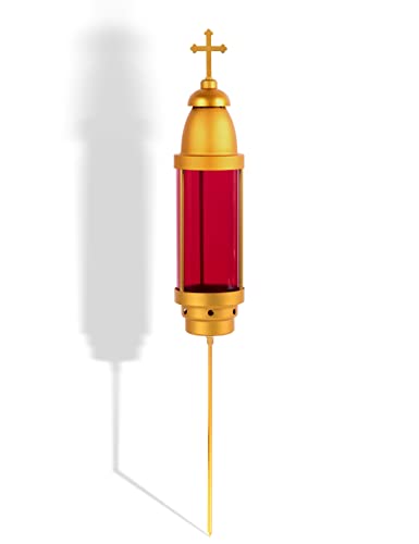 Greek Orthodox Cross Cemetery Candle Holder for Grave, Gold Red Lamp | All-weather metal frame, dual ground spike mount, greek orthodox grave memorial decor