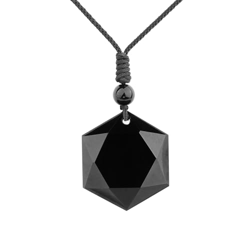 ASGIFT Black Obsidian Necklace Healing Crystal Stone Amulet Protection Pendant with Adjustable Rope Necklace Birthday Christmas Gift for Men Women - color: Hexagram