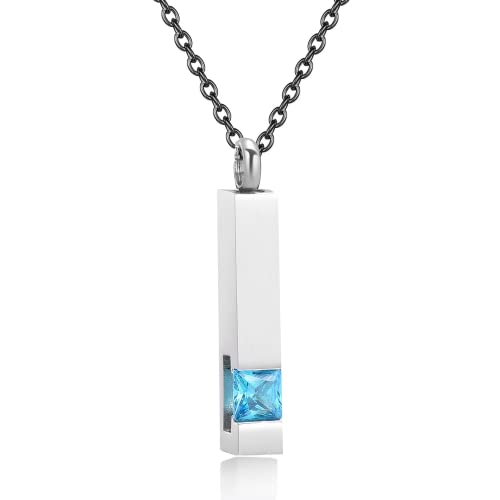 Urn Necklaces for Ashes Stainless Steel Bar Pendant Necklace Cube Memorial Ashes Necklace Crystal Cremation Urn Pendant for Men - color: Silver-bule