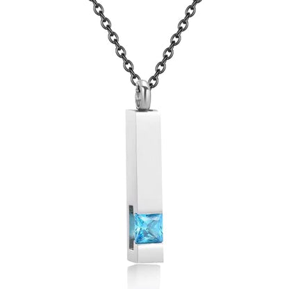 Urn Necklaces for Ashes Stainless Steel Bar Pendant Necklace Cube Memorial Ashes Necklace Crystal Cremation Urn Pendant for Men - color: Silver-bule