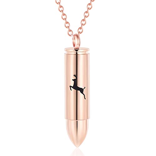 SIYUU Bullet Cremation Jewelry for Ashes Vial Deer Engraved Urn Necklace Stainless Steel Ash Container Keepsake Pendant Memorial Jewelry for Men Women - color: Rose Gold