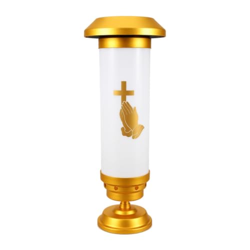 Praying Hands Solar Cross for Cemetery Grave, White & Gold Anodized Aluminum IP65 Waterproof Memorial Light with Ground Stake, Christian Cemetery Decor for Headstone