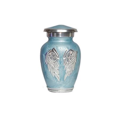 Blue Engraved Angel Wings Funeral Cremation Urn with Velvet Bag (Sky Blue, Small) - color: Sky Blue, size: Small