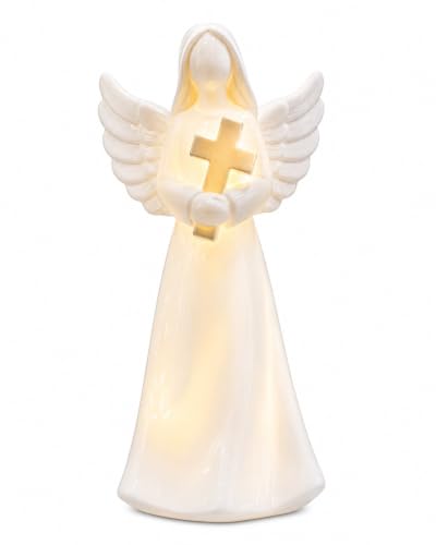 ADAVAS.Y&G Lighted Ceramic Angel Figurine with Cross, 7 Inch LED Christian Angel Decor, Battery Operated Religious Gift for Women, Faith Inspirational Home Decor - color: White With Brown