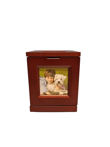 Mainely Urns Cherry Wood Rotating Photo Cube Urn – Memorial Keepsake Box for Ashes – 360° Swivel Base – Holds 5 Photos –5.5” High x 4.5” Wide – Tribute for Loved Ones or Pets (Small)