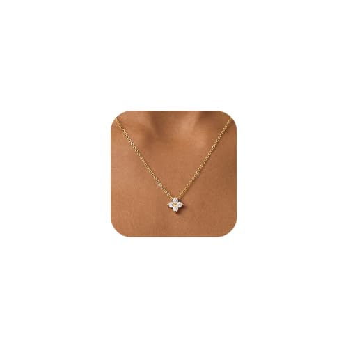 Gold Silver Pendant Necklace for Women, Dainty CZ Jewelry Gift | 14K Gold Silver Plated, Cubic Zirconia Pearl Charm, Trendy Layered Necklace, Adjustable Chain, Waterproof, Hypoallergenic - color: Gold-Clover