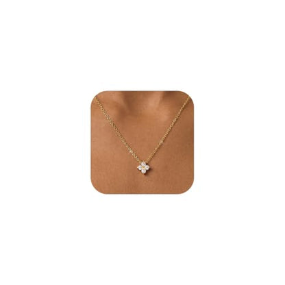 Gold Silver Pendant Necklace for Women, Dainty CZ Jewelry Gift | 14K Gold Silver Plated, Cubic Zirconia Pearl Charm, Trendy Layered Necklace, Adjustable Chain, Waterproof, Hypoallergenic - color: Gold-Clover