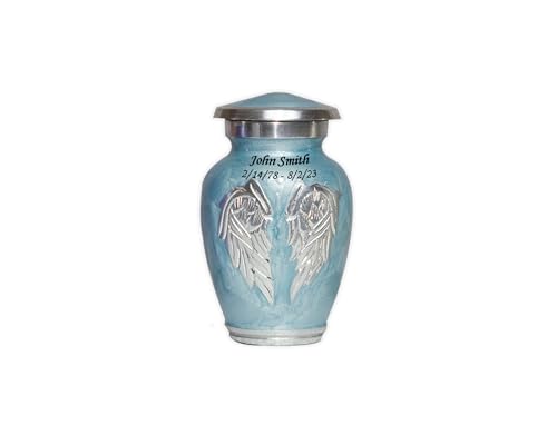 Blue Engraved Angel Wings Funeral Cremation Urn with Velvet Bag (Sky Blue, Small) - color: Sky Blue, size: Small