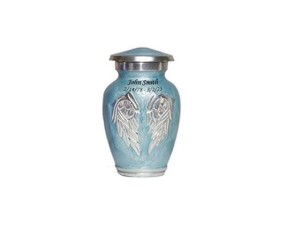 Blue Engraved Angel Wings Funeral Cremation Urn with Velvet Bag (Sky Blue, Small) - color: Sky Blue, size: Small
