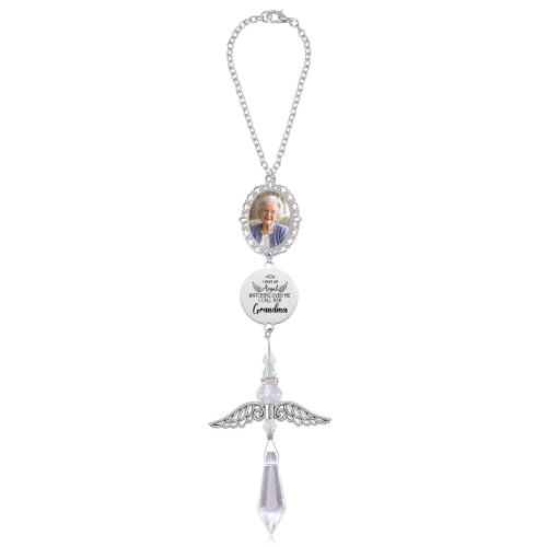 Grandma Memorial Car Charm with Photo Frame, Crystal Angel Suncatcher Rearview Mirror Hanging Ornament, Sympathy Remembrance Gift, Memorial Car Accessory for Loss of Grandma - color: Grandma