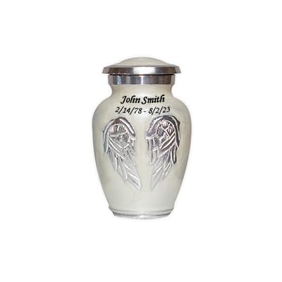 White Angel Wings Funeral Cremation Keepsake Urn with Velvet Bag (Pearl White, Small Personalized) - color: Pearl White, size: Small