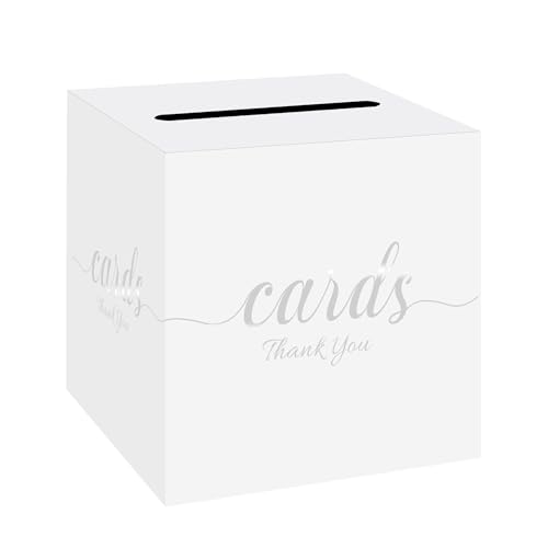Wedding Card Box with Slot White Silver 7.8 in Baby Shower Party | Graduation, Birthday, Bridal Shower, Wedding Reception, Holds Cards & Envelopes, Gift Cards, Easy Assembly, Folds Flat - color: WhiteSilverThanks