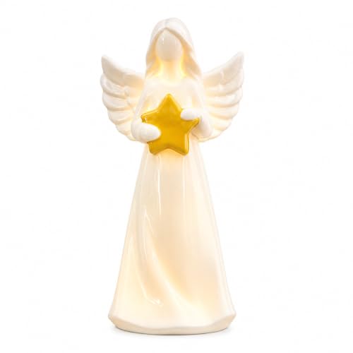 ADAVAS.Y&G Angel Figurine Holding Star with LED Light, Ceramic Angel Statue, Inspirational Faith Home Decor, Christian Religious Decoration, Warm Light Angel Night Light, Batteries Included - color: White With Yellow