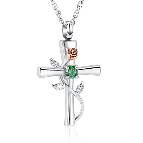 shajwo Cross Urn Necklace for Ashes Birthstone Rose Flower Cremation Jewelry for Women Gilrs Keepsake Memorial Ashes Pendant - color: Green