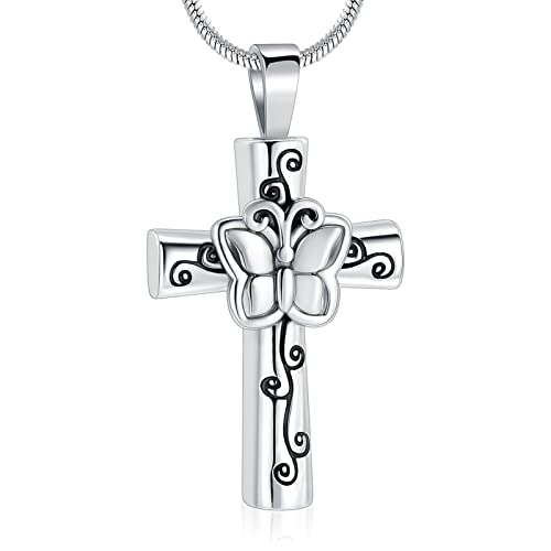 Minicremation Cremation Jewelry Cross Butterfly Urn Ashes Necklace for Women Men Loved One Memorial Ash Pendant for Human/Pet Funeral Keepsake Memorial Necklace - color: Silver