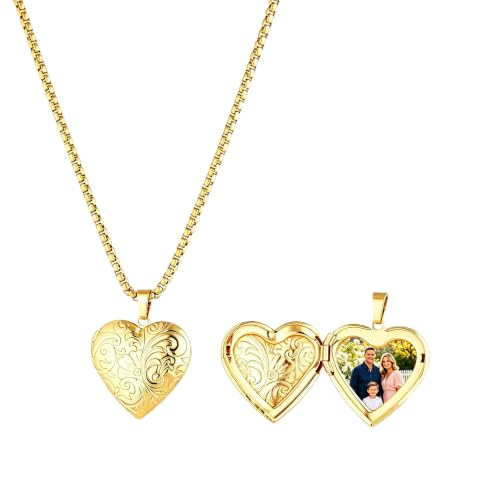 Stainless Steel Photo Locket Necklace for Women, 3mm Box Chain, Personalized Picture Holder Pendant, Waterproof Hypoallergenic Sentimental Jewelry Gift - color: Floral Scroll Heart Gold
