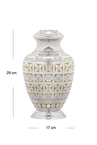 BOLD & DIVINE Cremation Urn for Human Ashes Adult Brass Funeral Urn |Metal Hand Engraving Large Urn | for Adults Display Burial at Home or in Niche at Columbarium (Silvery Shine/Golden Flower) - color: Silvery Shine / Golden Flower