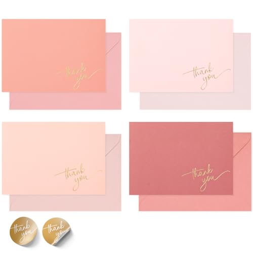 Paper Play Pink Thank You Cards with Envelopes, Gold Foil Text (40 Pack) | 5 x 3.5", Pink Textured Surface, Heavyweight Cardstock, Matching Gold Foil Stickers, For Baby Shower, Wedding, Bridal Shower, - color: Pink Tones