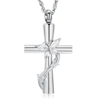 shajwo Butterfly Cross Urn Necklaces for Ashes for Women Men - color: Silver-White
