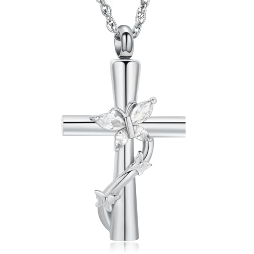shajwo Butterfly Cross Urn Necklaces for Ashes for Women Men - color: Silver-White