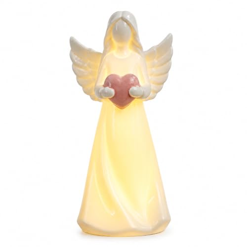 ADAVAS.Y&G Ceramic Angel Figurine with LED Light, 7 Inch Light Up Angel Holding Pink Heart, Inspirational Christian Home Decor for Women, Family, Friends, Birthday, Mother’s Day - color: White With Pink