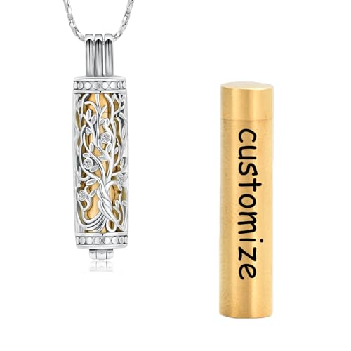 Tree of Life Urn Necklace for Women Men Cylinder Bar Memorial Ash Pendant | Tree of Life Cremation Jewelry,Stainless Steel Keepsakes Necklaces,Vial Ashes Pendant - color: Customize