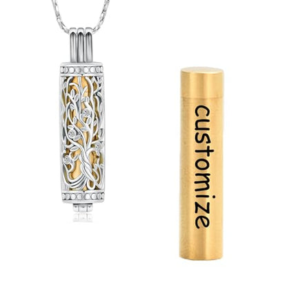 Tree of Life Urn Necklace for Women Men Cylinder Bar Memorial Ash Pendant | Tree of Life Cremation Jewelry,Stainless Steel Keepsakes Necklaces,Vial Ashes Pendant - color: Customize