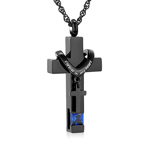 shajwo Cross Urn Necklace for Ashes Birthstone Rose Flower Cremation Jewelry for Women Gilrs Keepsake Memorial Ashes Pendant - color: A-Dark Blue