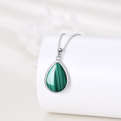 CRMAD Larimar/Opal/Lapis Lazuli/Tourmaline/Malachite/Labradorite/Turquoise/Onyx/Rose Quartz/Amber/Peridot Necklace for Women 925 Sterling Silver Teardrop Pendant Jewelry Gifts - color: malachite