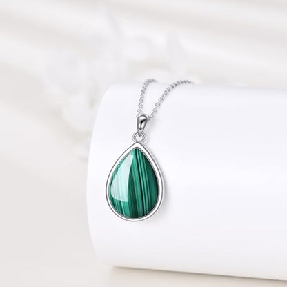 CRMAD Larimar/Opal/Lapis Lazuli/Tourmaline/Malachite/Labradorite/Turquoise/Onyx/Rose Quartz/Amber/Peridot Necklace for Women 925 Sterling Silver Teardrop Pendant Jewelry Gifts - color: malachite
