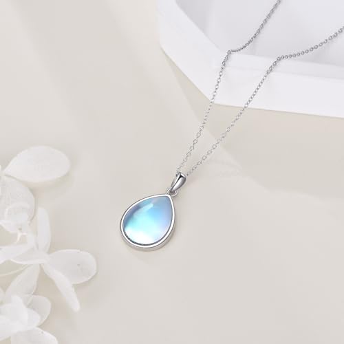 CRMAD Larimar/Opal/Lapis Lazuli/Tourmaline/Malachite/Labradorite/Turquoise/Onyx/Rose Quartz/Amber/Peridot Necklace for Women 925 Sterling Silver Teardrop Pendant Jewelry Gifts - color: Moonstone