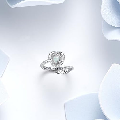 Sterling Silver Urn Rings for Ashes for Women: Angel Wing Opal Cremation Jewelry Rings for Ashes of Loved Ones - Cat Dog Memorial Keepsake Open Adjustable Ring Jewelry for Women - style: heart urn ring