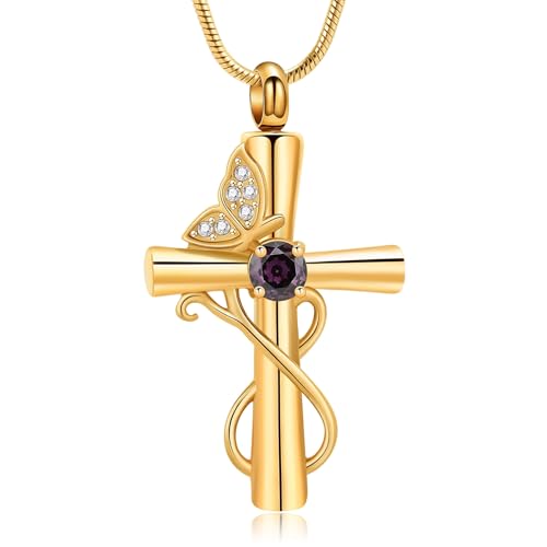 Butterfly Cross Cremation Jewelry Urn Necklaces Cross Butterfly Urn Necklaces for Ashes Memorial Keepsake Pendant for Women Men Gifts With Funnel Kit & Bag - color: Gold+Purple