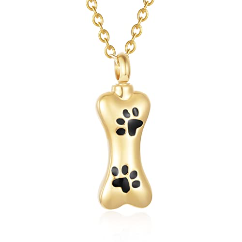 Custom Dog Bone Memorial Pendant Necklace with Paw Print, Stainless Steel Personalized Pet Cremation Jewelry Puppy Animal Urn Pendant Best Friends Friendship Pet Keepsake Gifts Dog Urn Necklace for Ashes for Dog Lovers - color: Gold