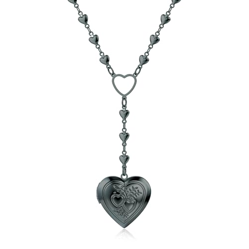 Personalized Heart Locket Necklace for Women Stainless Steel- Heart Necklace - color: Black-C