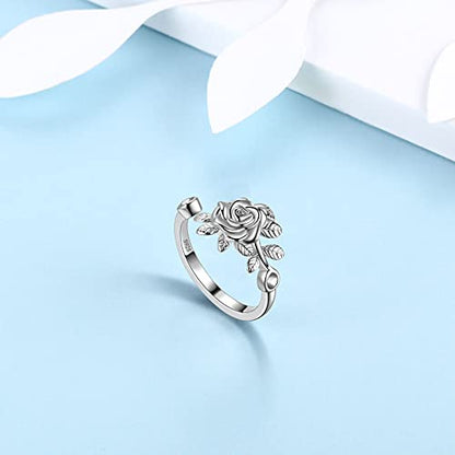 Jewmon Adjustable Flower Rose Ring for Women 925 Sterling Silver/Gold Plated Rose Flower Open Ring Elegant Promise Ring for Women Romantic Jewelry for Birthday Valentine Christmas Day Gifts - color: A,Sterling Silver Rose Ring