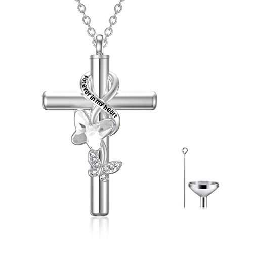 Cross Urn Necklace for Ashes 925 Sterling Silver Cremation Jewelry with Funnel Filler Kit Ashes Necklace for Human Women Girl Pets - color: A_Clear Butterfly Urn Necklace, style: Non-personalized